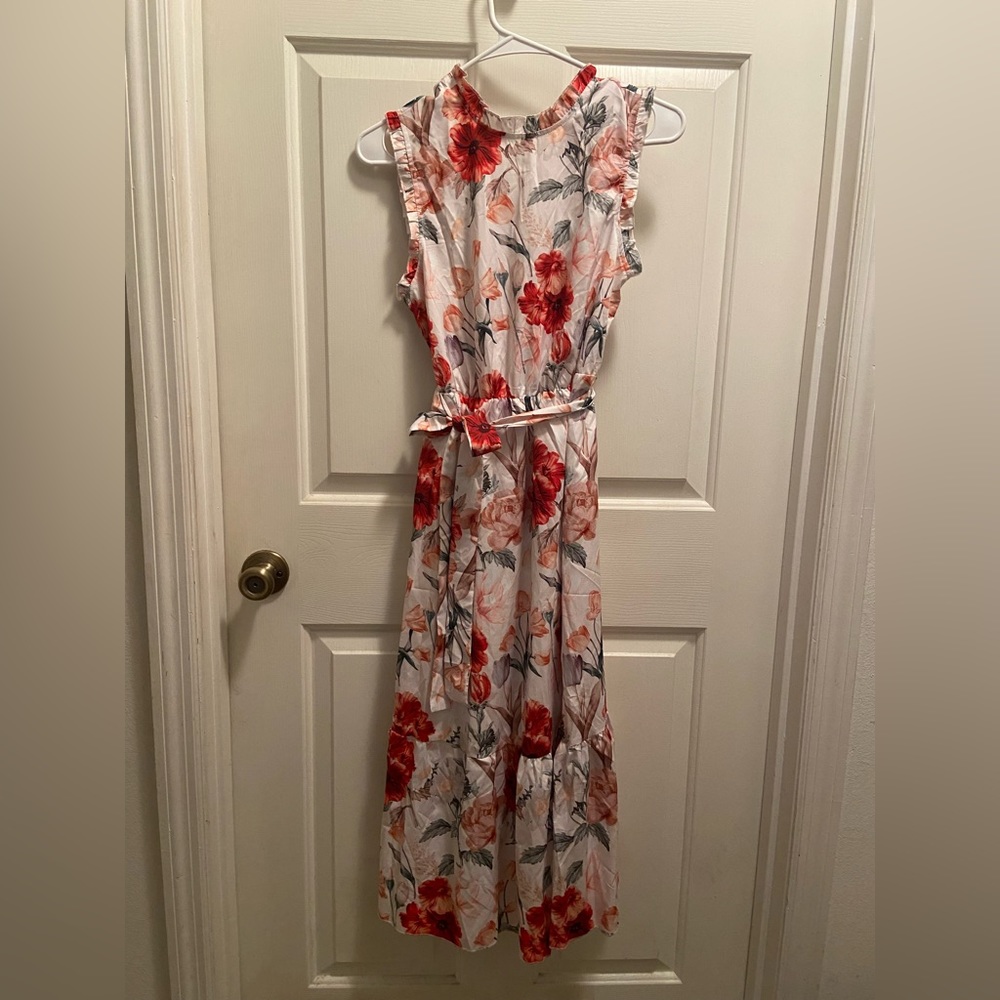 Floral Floor Length Dress with Fabric Tie Belt